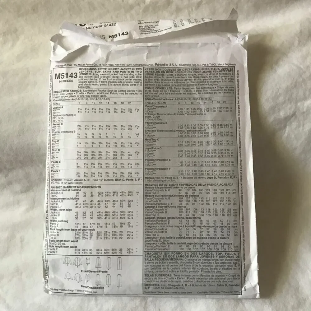 #M5143 McCalls pants top seperates sewing pattern size 14-20